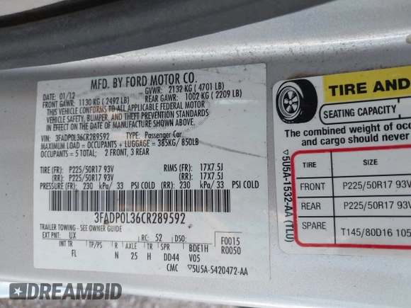 2012 Ford Fusion Hybrid with VIN 3FADP0L36CR289592, listed as a IAAI auction lot 41911406 with 174,977 mi miles and . Bid and sale history available at DreamBid. Image 9.