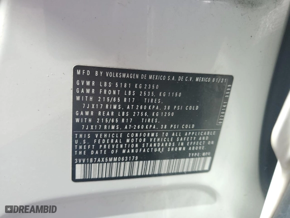 2021 Volkswagen Tiguan S with VIN 3VV1B7AX5MM063179, listed as a Copart auction lot 46651655 with 0 mi miles and Salvage Title. Bid and sale history available at carsss.com. Image 12.