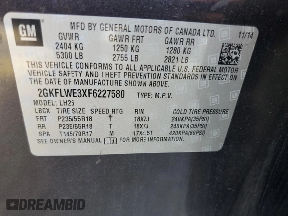 2015 GMC Terrain SLE with VIN 2GKFLWE3XF6227580, listed as a Copart auction lot 56468494 with 155,878 mi miles and Salvage Title. Bid and sale history available at DreamBid. Image 14.