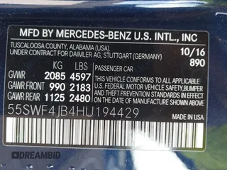 2017 Mercedes-Benz C 300 with VIN 55SWF4JB4HU194429, listed as a IAAI auction lot 42022925 with Not Provided miles and . Bid and sale history available at DreamBid. Image 9.