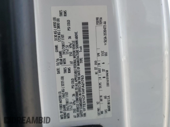 2017 Ford F-150 XL with VIN 1FTEX1CF1HFA21763, listed as a Copart auction lot 53538115 with 249,071 mi miles and Clean Title. Bid and sale history available at carsss.com. Image 12.