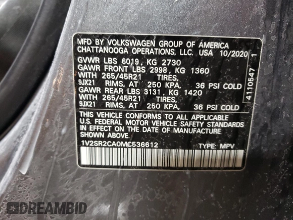 2021 Volkswagen Atlas SEL R-Line с VIN 1V2SR2CA0MC536612, выставлен на аукционе Copart как лот 44767555 с пробегом 48 869 миль миль и Списание • Salvage title. История ставок и продаж доступна на DreamBid. Изображение 12.