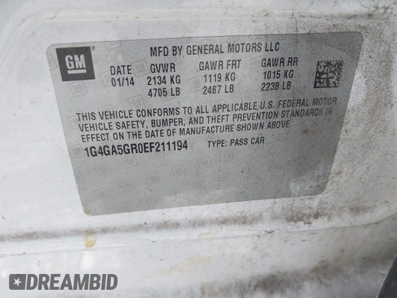 2014 Buick LaCrosse with VIN 1G4GA5GR0EF211194, listed as a IAAI auction lot 42251943 with 146,518 mi miles and . Bid and sale history available at DreamBid. Image 9.