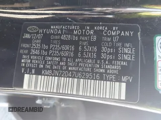 2007 Hyundai Tucson SE with VIN KM8JN72D47U629516, listed as a IAAI auction lot 41956757 with 190,852 mi miles and . Bid and sale history available at DreamBid. Image 9.