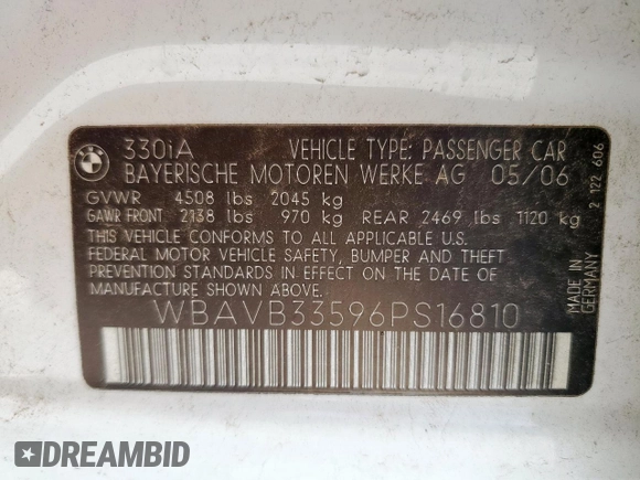 2006 BMW 3 Series 330i with VIN WBAVB33596PS16810, listed as a Copart auction lot 61655555 with 114,060 mi miles and Salvage title. Bid and sale history available at DreamBid. Image 12.