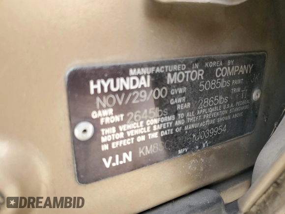 2001 Hyundai Santa Fe GLS with VIN KM8SC83D61U039954, listed as a Copart auction lot 86175224 with 378,265 mi miles and Salvage Title. Bid and sale history available at carsss.com. Image 15.