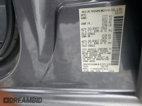 2022 Nissan Frontier SV with VIN 1N6ED1EK6NN633510, listed as a Copart auction lot 48550925 with 123,304 mi miles and Salvage title. Bid and sale history available at DreamBid. Image 14.