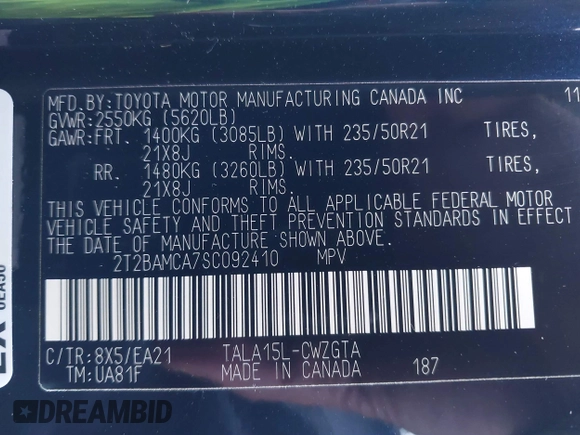 2025 Lexus RX 350 with VIN 2T2BAMCA7SC092410, listed as a IAAI auction lot 41580330 with 1,162 mi miles and . Bid and sale history available at DreamBid. Image 9.