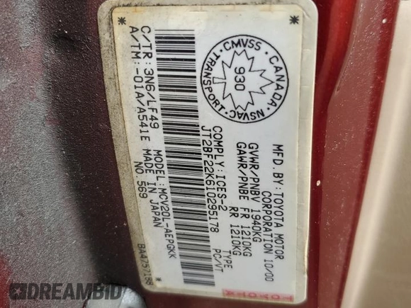 2001 Toyota Camry LE z VIN JT2BF22K610295178, wystawiony jako Copart lot #68538524 z przebiegiem 507 822 mil mil oraz Szkoda całkowita • Salvage title. Historia ofert i sprzedaży dostępna na DreamBid. Obrazek 12.