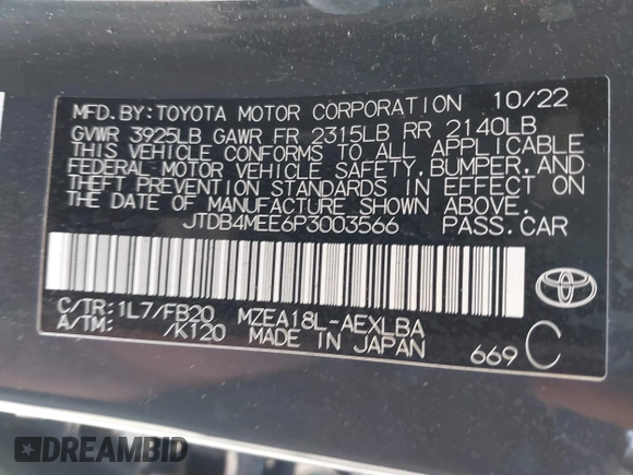 2023 Toyota Corolla LE with VIN JTDB4MEE6P3003566, listed as a IAAI auction lot 40378200 with 42,837 mi miles. Bid and sale history available at carsss.com. Image 9.