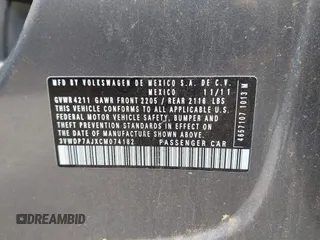 2012 Volkswagen Jetta SE с VIN 3VWDP7AJXCM074182, выставлен на аукционе IAAI как лот 42452135 с пробегом 168 974 миль миль и . История ставок и продаж доступна на DreamBid. Изображение 9.