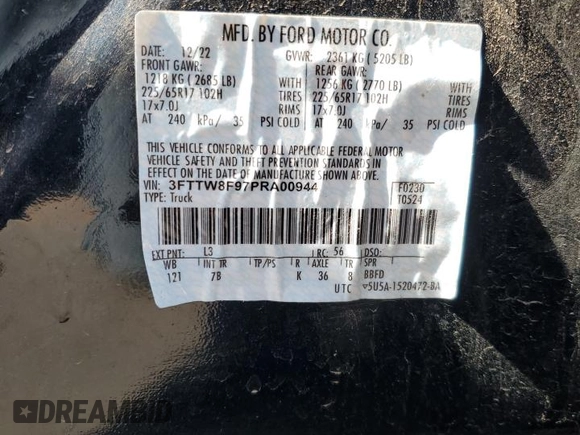 2023 Ford Maverick XL with VIN 3FTTW8F97PRA00944, listed as a Copart auction lot 59168715 with 16,400 mi miles and Salvage title. Bid and sale history available at DreamBid. Image 12.