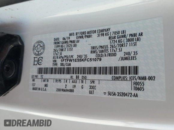 2019 Ford F-150 XL with VIN 1FTFW1E55KFC51079, listed as a Copart auction lot 47197635 with 0 mi miles and Salvage Title. Bid and sale history available at carsss.com. Image 13.