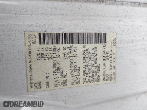 2017 Nissan NV Cargo SV z VIN 1N6BF0LY1HN803470, wystawiony jako IAAI lot #41729980 z przebiegiem 93 919 mil mil oraz . Historia ofert i sprzedaży dostępna na DreamBid. Obrazek 9.