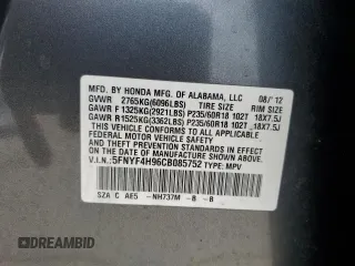 2012 Honda Pilot Touring with VIN 5FNYF4H96CB085752, listed as a Copart auction lot 51292515 with 190,383 mi miles and Salvage Title. Bid and sale history available at DreamBid. Image 13.