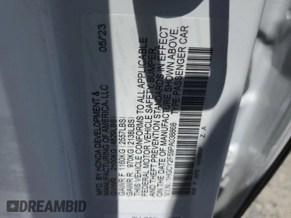 2023 Honda Accord Sport z VIN 1HGCY2F59PA038868, wystawiony jako Copart lot #58266245 z przebiegiem 43 772 mil mil oraz Szkoda całkowita • Salvage title. Historia ofert i sprzedaży dostępna na DreamBid. Obrazek 12.