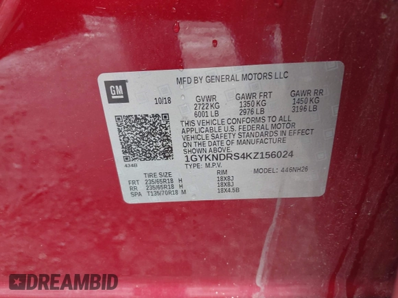 2019 Cadillac XT5 Luxury AWD with VIN 1GYKNDRS4KZ156024, listed as a IAAI auction lot 41913505 with 34,325 mi miles and . Bid and sale history available at carsss.com. Image 9.