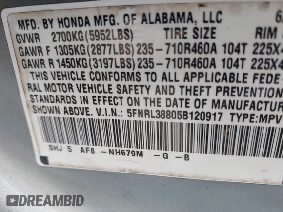 2005 Honda Odyssey Touring с VIN 5FNRL38805B120917, выставлен на аукционе IAAI как лот 42396531 с пробегом 267 626 миль миль и . История ставок и продаж доступна на DreamBid. Изображение 9.