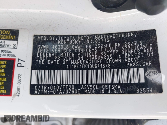 2013 Toyota Camry L with VIN 4T1BF1FK1DU671578, listed as a IAAI auction lot 41982178 with 198,261 mi miles. Bid and sale history available at carsss.com. Image 9.