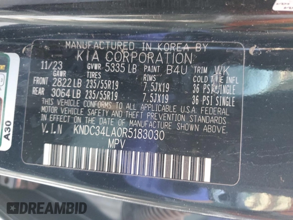 2024 Kia EV6 Wind with VIN KNDC34LA0R5183030, listed as a Copart auction lot 52827455 with 64,139 mi miles and Clean Title. Bid and sale history available at carsss.com. Image 12.