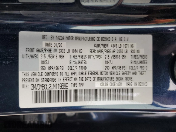2020 Mazda CX-30 Select with VIN 3MVDMBCL2LM119689, listed as a Copart auction lot 53576185 with 123,605 mi miles and Salvage Title. Bid and sale history available at DreamBid. Image 13.