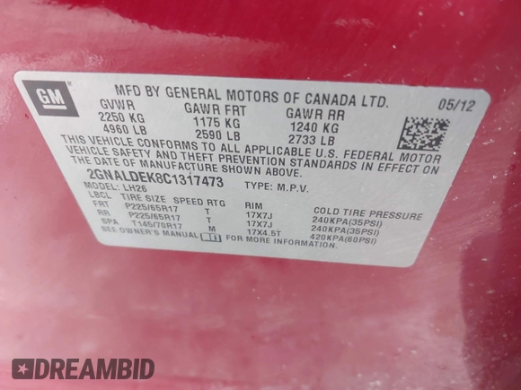 2012 Chevrolet Equinox LT w/1LT with VIN 2GNALDEK8C1317473, listed as a IAAI auction lot 41397576 with 156,837 mi miles. Bid and sale history available at carsss.com. Image 9.