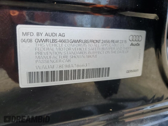 2008 Audi A4 2.0T with VIN WAUAF78E98A166631, listed as a Copart auction lot 65085665 with 149,851 mi miles and Clean title. Bid and sale history available at DreamBid. Image 13.