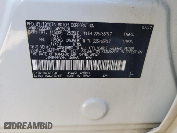 2017 Toyota RAV4 XLE with VIN JTMWFREVXHJ146865, listed as a Copart auction lot 44948775 with 42,454 mi miles and Salvage Title. Bid and sale history available at DreamBid. Image 12.