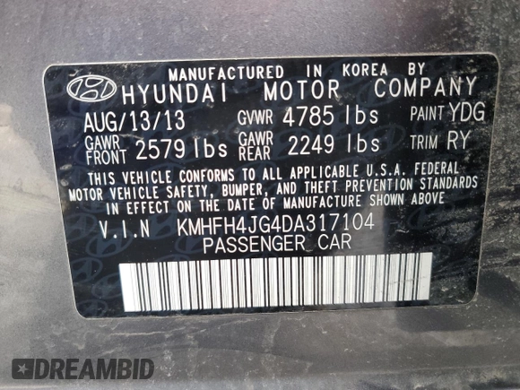 2013 Hyundai Azera with VIN KMHFH4JG4DA317104, listed as a Copart auction lot 52909875 with 125,485 mi miles and Salvage Title. Bid and sale history available at DreamBid. Image 15.