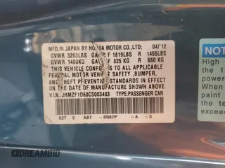2012 Honda CR-Z EX with VIN JHMZF1D60CS003403, listed as a Copart auction lot 50653495 with 123,723 mi miles and Clean Title. Bid and sale history available at carsss.com. Image 12.
