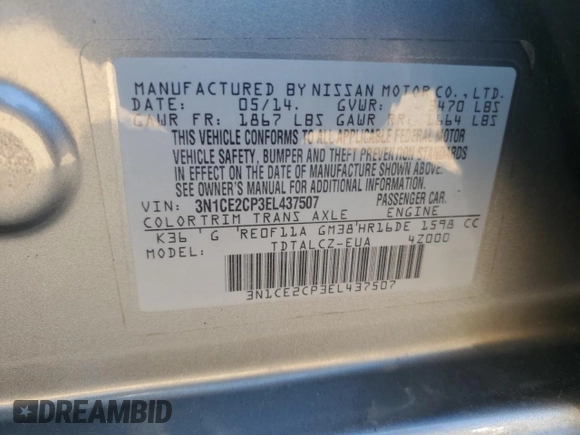 2014 Nissan Note SV with VIN 3N1CE2CP3EL437507, listed as a Copart auction lot 47805395 with 121,881 mi miles and Salvage Title. Bid and sale history available at DreamBid. Image 14.