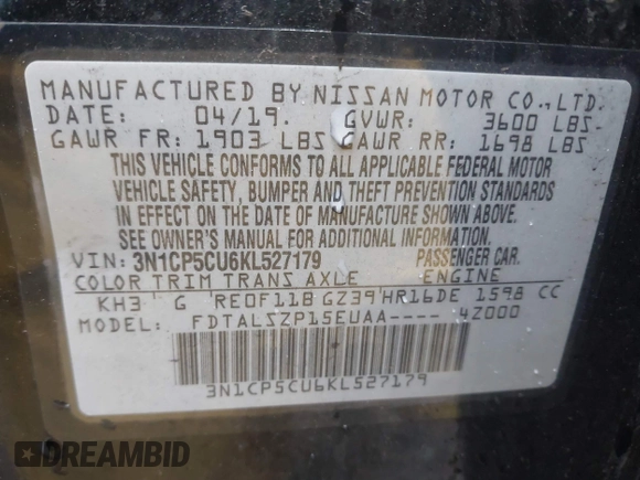 2019 Nissan Kicks S with VIN 3N1CP5CU6KL527179, listed as a IAAI auction lot 41479057 with 97,895 mi miles. Bid and sale history available at carsss.com. Image 9.