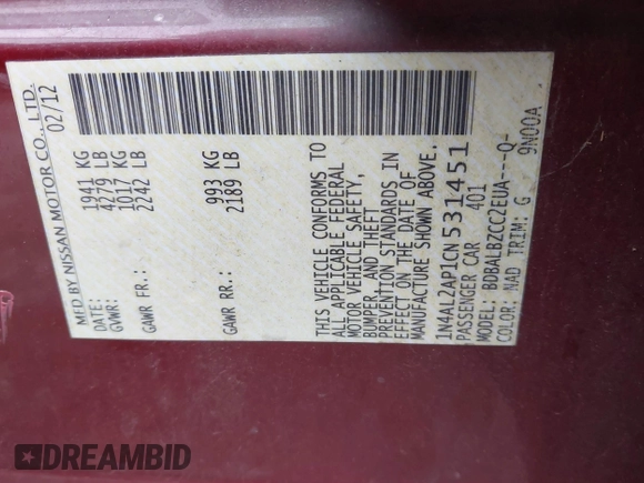 2012 Nissan Altima S z VIN 1N4AL2AP1CN531451, wystawiony jako IAAI lot #40801095 z przebiegiem 200 043 mil mil oraz . Historia ofert i sprzedaży dostępna na DreamBid. Obrazek 9.