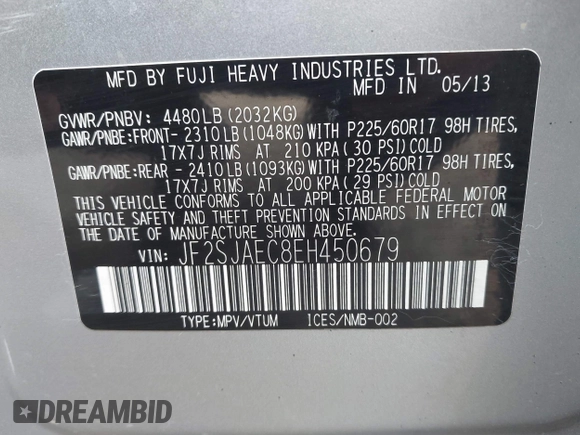 2014 Subaru Forester Premium with VIN JF2SJAEC8EH450679, listed as a IAAI auction lot 41432350 with 276,006 mi miles and . Bid and sale history available at DreamBid. Image 9.