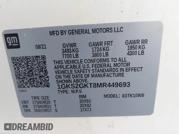 2021 GMC Yukon XL SLT with VIN 1GKS2GKT8MR449693, listed as a IAAI auction lot 41771522 with 61,922 mi miles. Bid and sale history available at carsss.com. Image 9.