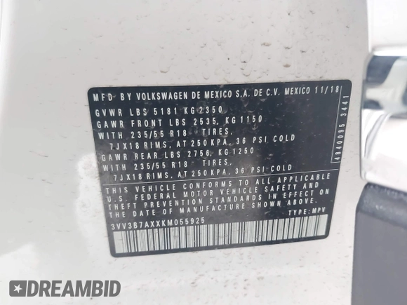 2019 Volkswagen Tiguan SE with VIN 3VV3B7AXXKM055925, listed as a IAAI auction lot 42019778 with 75,654 mi miles and . Bid and sale history available at DreamBid. Image 9.
