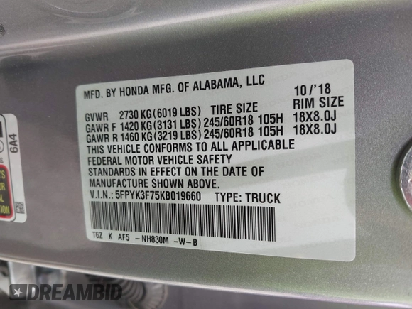 2019 Honda Ridgeline RTL-E with VIN 5FPYK3F75KB019660, listed as a IAAI auction lot 42548495 with 55,969 mi miles and . Bid and sale history available at DreamBid. Image 9.