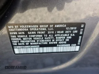 2013 Volkswagen Passat SE with VIN 1VWBH7A39DC080922, listed as a Copart auction lot 48491425 with 121,980 mi miles and Salvage title. Bid and sale history available at DreamBid. Image 12.