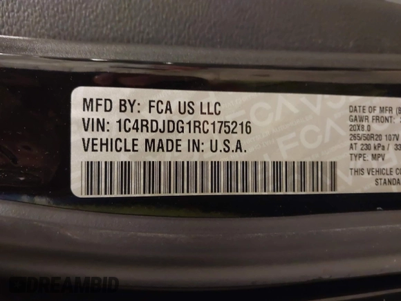 2024 Dodge Durango GT Plus with VIN 1C4RDJDG1RC175216, listed as a IAAI auction lot 42060960 with 11,007 mi miles and . Bid and sale history available at DreamBid. Image 9.
