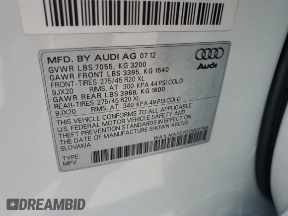 2013 Audi Q7 3.0L TDI Premium Plus with VIN WA1LMAFE7DD002766, listed as a Copart auction lot 52759235 with 184,670 mi miles and Clean Title. Bid and sale history available at carsss.com. Image 13.