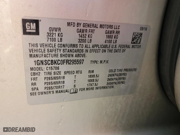 2015 Chevrolet Tahoe LT with VIN 1GNSCBKC0FR295597, listed as a Copart auction lot 89317195 with 144,036 mi miles and Salvage Title. Bid and sale history available at carsss.com. Image 13.