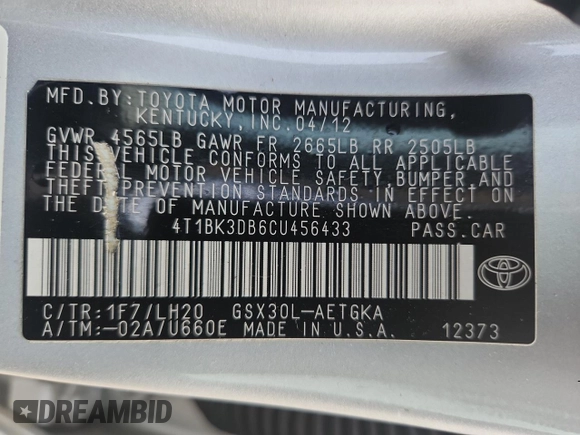 2012 Toyota Avalon with VIN 4T1BK3DB6CU456433, listed as a Copart auction lot 59888685 with 198,331 mi miles and Non repairable. Bid and sale history available at DreamBid. Image 12.