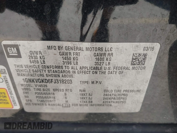 2015 Chevrolet Traverse LT with VIN 1GNKVGKD6FJ318203, listed as a IAAI auction lot 41759188 with Not Provided miles and . Bid and sale history available at DreamBid. Image 9.