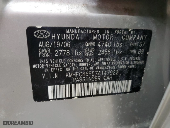 2007 Hyundai Azera SE with VIN KMHFC46F57A147922, listed as a Copart auction lot 47101075 with 107,121 mi miles and Salvage Title. Bid and sale history available at carsss.com. Image 15.
