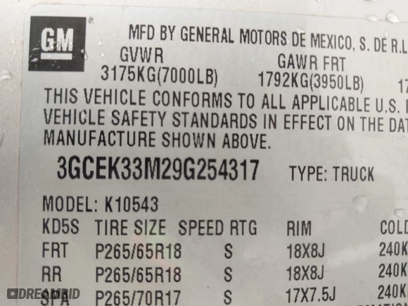 2009 Chevrolet Silverado 1500 LTZ with VIN 3GCEK33M29G254317, listed as a IAAI auction lot 41700617 with 163,950 mi miles. Bid and sale history available at carsss.com. Image 9.