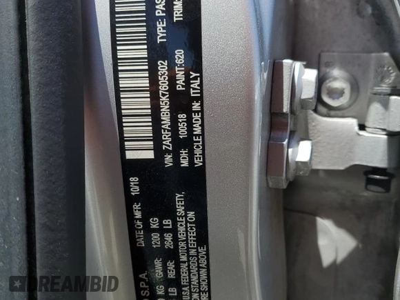 2019 Alfa Romeo Giulia Ti Sport with VIN ZARFAMBN5K7605302, listed as a Copart auction lot 57984495 with 31,372 mi miles and Salvage title. Bid and sale history available at DreamBid. Image 13.