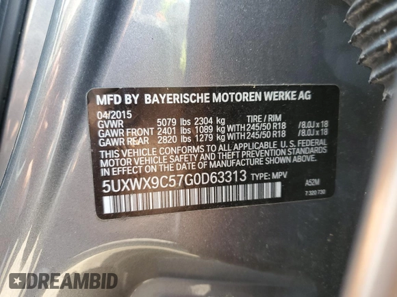 2016 BMW X3 xDrive28i with VIN 5UXWX9C57G0D63313, listed as a Copart auction lot 55705815 with 122,723 mi miles and Clean Title. Bid and sale history available at DreamBid. Image 13.