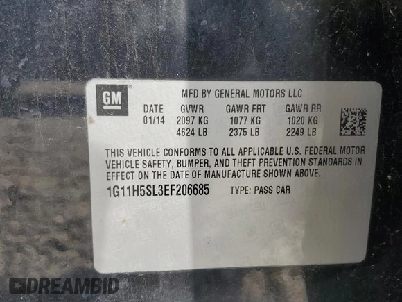 2014 Chevrolet Malibu LTZ with VIN 1G11H5SL3EF206685, listed as a Copart auction lot 52610525 with 158,491 mi miles and Salvage Title. Bid and sale history available at DreamBid. Image 12.