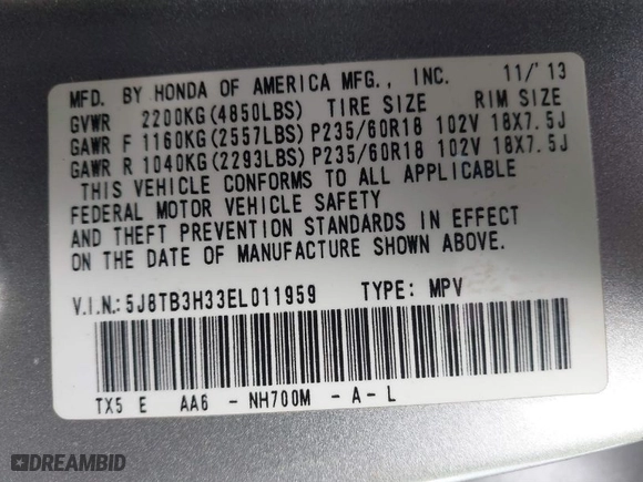 2014 Acura RDX with VIN 5J8TB3H33EL011959, listed as a IAAI auction lot 40781040 with 58,488 mi miles. Bid and sale history available at carsss.com. Image 9.