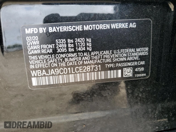 2020 BMW 5 Series 530e with VIN WBAJA9C01LCE28731, listed as a Copart auction lot 55233085 with 47,908 mi miles and Salvage Title. Bid and sale history available at DreamBid. Image 12.